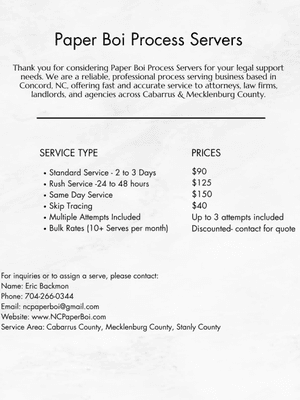 Paper Boi, Process Server in Concord North Carolina